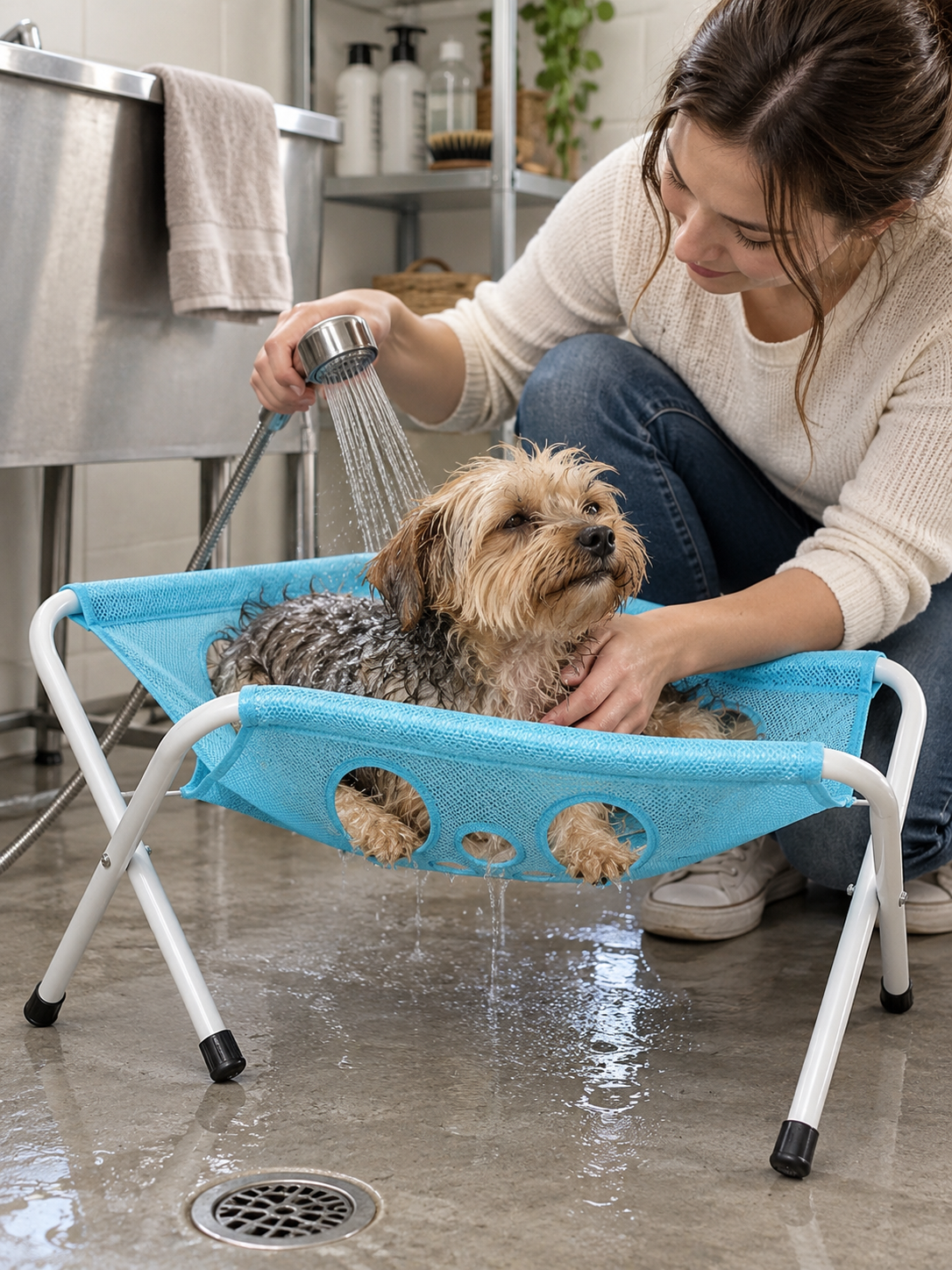 Lifestyle illustration: PawHammock™ Pet Grooming Stand