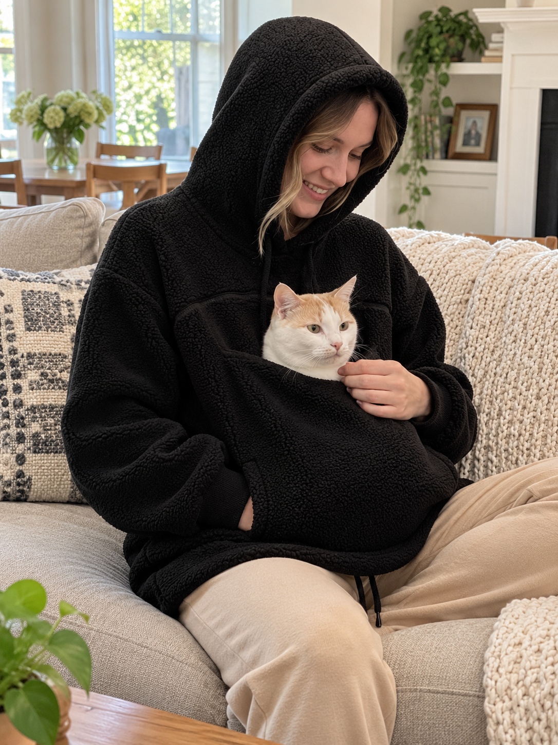 PetHug™ Pet Pouch Hoodie in an everyday home setting
